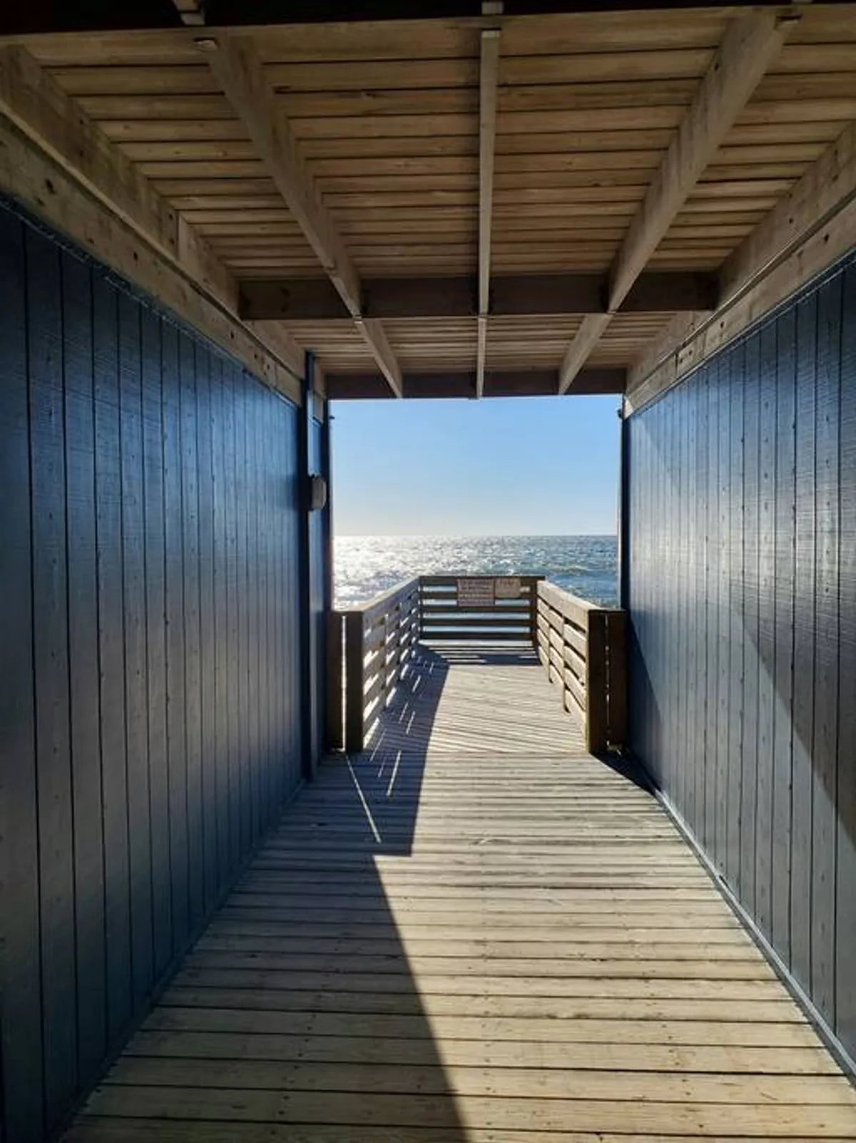 A serene wooden deck overlooks a stunning view of the ocean with sunlight reflecting on the water. The deck gives the impression of a tranquil, private space perfect for relaxing, working, or enjoying the sounds of the surf. The expansive ocean view encapsulates the peaceful seaside atmosphere described in the section.